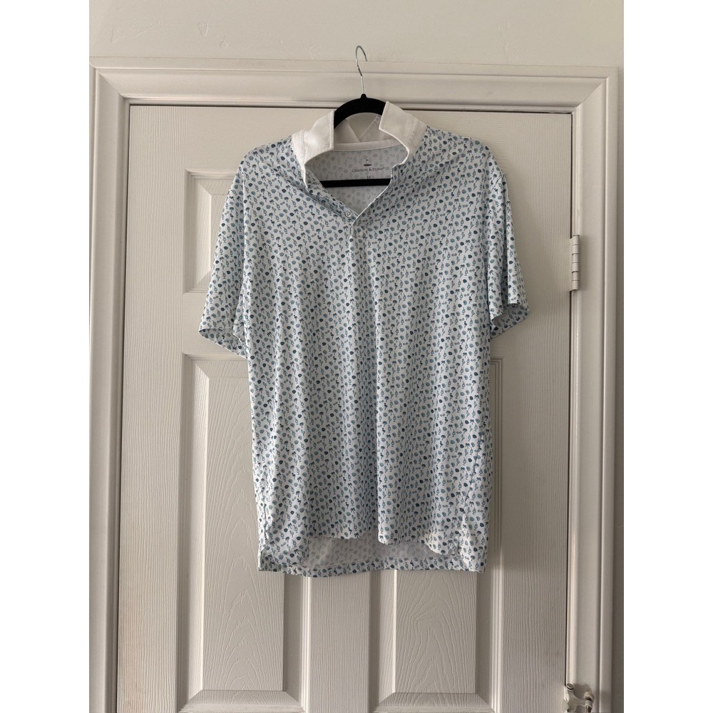 grayson & dunn golf polo white and blue cocktails & palm trees men size medium